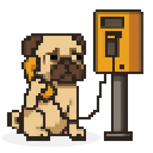 A pixel-art pug talking on a payphone